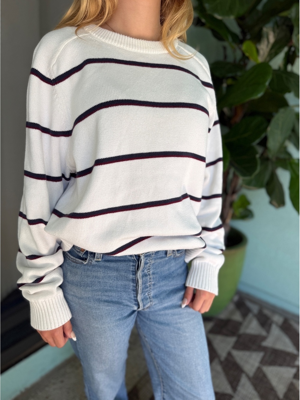 Vintage 90s Knit for J.Crew Striped Cotton Sweater Preppy nautical
